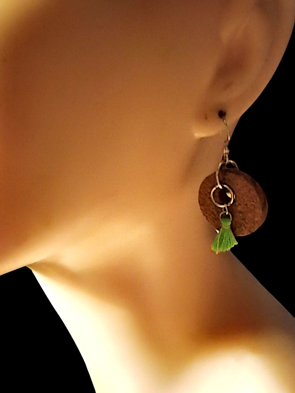 Brown Cork Hoop Earrings with Lime Green Tassel